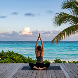 Caribbean Holidays, Bahamas Wellness Break, Person practising gentle yoga on a wooden deck overlooking turquoise Bahamian sea at dawn, tropical plants and peaceful August morning