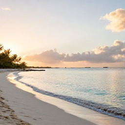 Caribbean Holidays, Bahamas Wellness Break, Quiet white-sand beach in The Bahamas at sunrise, calm turquoise water, soft August light and a relaxed holiday atmosphere