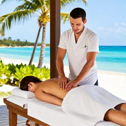 Caribbean Holidays, Bahamas Wellness Break, Traveller receiving a relaxing massage at an elegant beachfront spa in The Bahamas, natural tropical setting and calm atmosphere