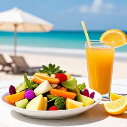 Caribbean Holidays, Bahamas Wellness, Colourful fresh tropical fruit, healthy Bahamian salad and natural juice served at a relaxed seaside table