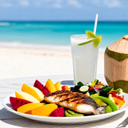 Caribbean Holidays, Bahamas Wellness, Colourful healthy Bahamian meal with fresh tropical fruit, grilled fish, salad and coconut water on a table overlooking the sea