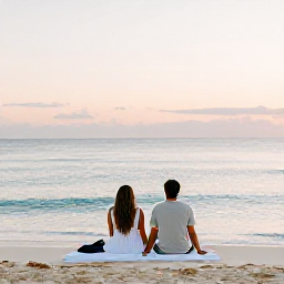 Caribbean Holidays, Bahamas Wellness, Couple relaxing on a quiet Bahamian beach at sunset, calm sea, soft pastel sky and peaceful holiday mood