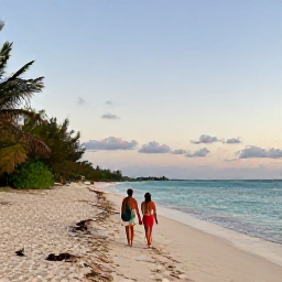 Caribbean Holidays, Bahamas Wellness, Couple walking along a quiet Bahamian beach at sunset, peaceful October holiday atmosphere
