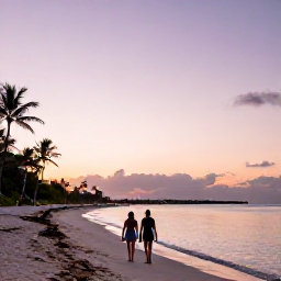 Caribbean Holidays, Bahamas Wellness, Couple walking barefoot along a quiet Bahamian beach at sunset, pastel sky, calm sea and palm silhouettes