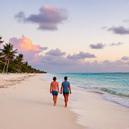 Caribbean Holidays, Bahamas Wellness, Couple walking barefoot along a secluded Bahamian beach at sunset, gentle waves, pastel sky and peaceful tropical scenery