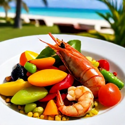 Caribbean Holidays, Bahamas Wellness, Healthy colourful Bahamian meal with fresh seafood, tropical fruit and vegetables served outdoors