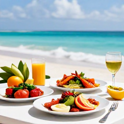 Caribbean Holidays, Bahamas Wellness, Healthy fresh seafood and tropical fruit served at an outdoor table overlooking the sea in The Bahamas