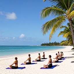 Caribbean Holidays, Bahamas Wellness, Outdoor yoga class on a peaceful Bahamian beach with palm trees and turquoise water