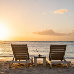 Caribbean Holidays, Bahamas Wellness, Peaceful Bahamian beach at sunset with two empty loungers, soft golden light and calm sea