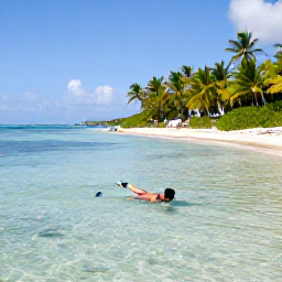 Caribbean Holidays, Bahamas Wellness, Peaceful Bahamian cove with clear shallow water, a person snorkelling near the reef, bright sky and green palms