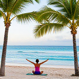 Caribbean Holidays, Bahamas Wellness, Person enjoying a sunrise yoga session on a quiet Bahamian beach, palms and clear blue sea in the background