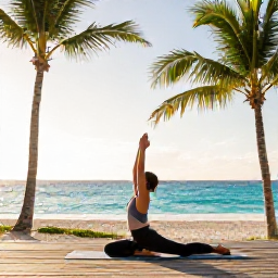 Caribbean Holidays, Bahamas Wellness, Person practising gentle yoga on a wooden deck overlooking a Bahamian beach, palm trees, turquoise sea and early morning sunlight