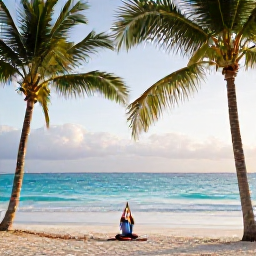 Caribbean Holidays, Bahamas Wellness, Person practising yoga on a quiet beach in The Bahamas, palm trees, turquoise sea and early morning sunlight