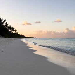 Caribbean Holidays, Bahamas Wellness, Quiet white-sand beach in The Bahamas at sunrise, calm turquoise sea, soft October light
