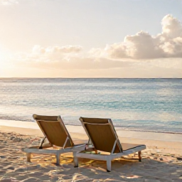 Caribbean Holidays, Bahamas Wellness, Quiet white-sand beach in The Bahamas at sunrise, calm turquoise water, a comfortable sun lounger and soft September light