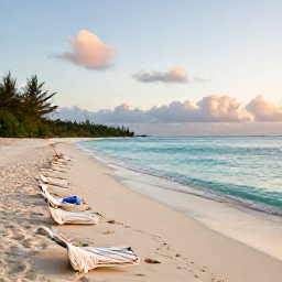 Caribbean Holidays, Bahamas Wellness, Quiet white-sand beach in the Bahamas at sunrise, calm turquoise water and a relaxed wellness holiday atmosphere