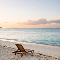Caribbean Holidays, Bahamas Wellness, Quiet white-sand beach in The Bahamas at sunrise, calm turquoise water, soft February light, one empty sun lounger