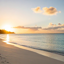 Caribbean Holidays, Bahamas Wellness, Quiet white-sand beach in The Bahamas at sunrise, calm turquoise water, soft golden light, peaceful wellness holiday atmosphere