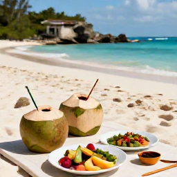 Caribbean Holidays, Bahamas Wellness, Relaxed beach picnic with fresh tropical fruit, coconut water and light local dishes on a quiet Bahamian beach