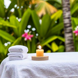 Caribbean Holidays, Bahamas Wellness, Relaxed spa treatment beside a tropical garden in The Bahamas, natural textures, greenery and soft daylight