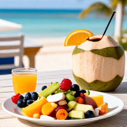 Caribbean Holidays, Bahamas Wellness Retreats, Fresh tropical fruit, colourful healthy Bahamian meal and coconut water served at a relaxed seaside restaurant
