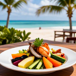 Caribbean Holidays, Bahamas Wellness Retreats, Healthy Bahamian meal with fresh seafood, tropical fruit and colourful vegetables served at an oceanfront restaurant