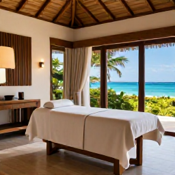 Caribbean Holidays, Bahamas Wellness Retreats, Luxury Bahamas spa treatment room with natural materials, soft light, tropical greenery and a view of the sea