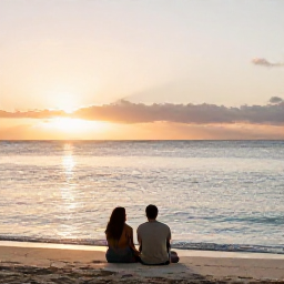 Caribbean Holidays, Bahamas Wellness Retreats, Peaceful Bahamas beach at sunset with a couple sitting near the water, warm golden light and calm sea