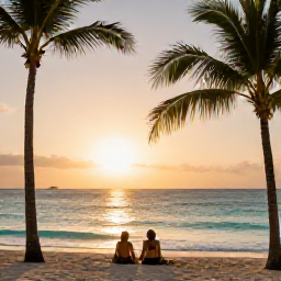 Caribbean Holidays, Bahamas Wellness Retreats, Peaceful Bahamian sunset over calm turquoise sea, couple relaxing on a quiet beach with palm silhouettes