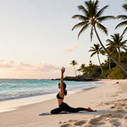 Caribbean Holidays, Bahamas Wellness Retreats, Person doing gentle yoga on a quiet Bahamas beach at sunrise, turquoise sea and palm trees in the background