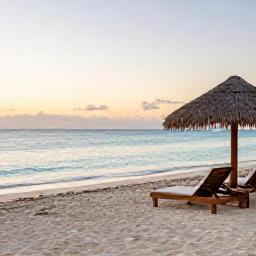Caribbean Holidays, Bahamas Wellness Retreats, Quiet white-sand beach in The Bahamas at sunrise, calm turquoise water, a shaded sun lounger and a relaxed holiday atmosphere