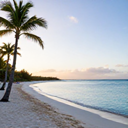 Caribbean Holidays, Bahamas Wellness Retreats, Quiet white-sand beach in The Bahamas at sunrise, calm turquoise water, palm trees and a relaxed holiday atmosphere