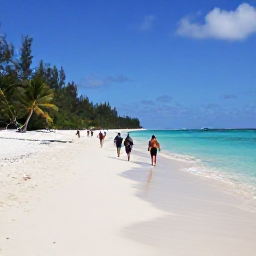 Caribbean Holidays, Bahamas Wellness, Visitors walking slowly along a bright white beach in The Bahamas, with clear shallow water and green palms