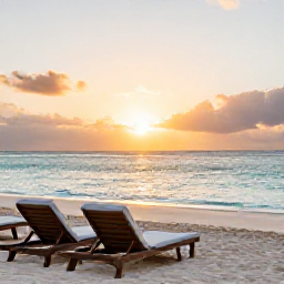 Caribbean Holidays, Barbados Adults Only, Adults-only Barbados beach resort at sunset in December, calm turquoise sea, soft golden light and elegant loungers on white sand