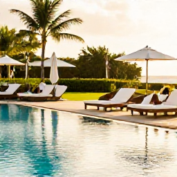 Caribbean Holidays, Barbados Adults Only, Adults relaxing beside an infinity pool at a Barbados resort, tropical gardens, elegant loungers and soft afternoon sunlight