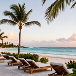 Caribbean Holidays, Barbados Adults Only, An elegant adults-only resort overlooking a calm turquoise beach in Barbados, with sun loungers, palm trees and soft morning light