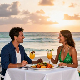 Caribbean Holidays, Barbados Adults Only, Couple dining at an elegant beachfront restaurant in Barbados at sunset, local seafood and tropical cocktails
