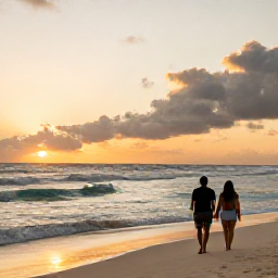 Caribbean Holidays, Barbados Adults Only, Couple enjoying a quiet walk along a golden Barbados beach at sunset, with gentle waves and a colourful evening sky