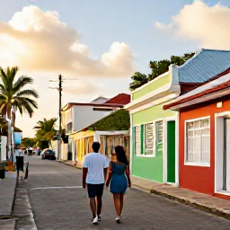 Caribbean Holidays, Barbados Adults Only, Couple exploring Bridgetown in Barbados, passing colourful buildings and historic streets in warm afternoon sunshine