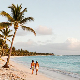 Caribbean Holidays, Barbados Adults Only, Couple walking along a quiet Barbados beach in November, turquoise water, soft golden light and swaying palm trees