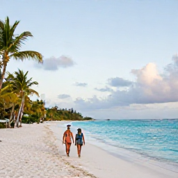 Caribbean Holidays, Barbados Adults Only, Couple walking along a quiet white-sand beach in Barbados during December, turquoise water, palm trees and gentle evening light