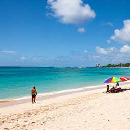 Caribbean Holidays, Barbados Adults Only, Golden sandy beach on Barbados west coast in August, clear Caribbean sea, colourful umbrellas and a couple walking along the shore