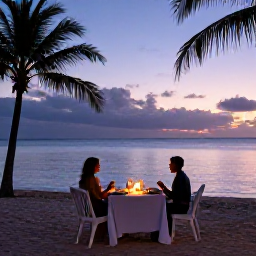 Caribbean Holidays, Barbados Adults Only, Romantic Barbados beach dinner for two at dusk in December, small table, candles, palm silhouettes and calm sea