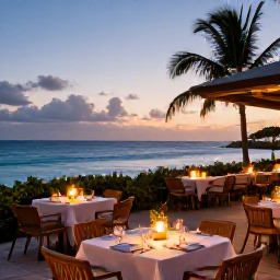 Caribbean Holidays, Barbados Adults Only, Romantic Barbados restaurant terrace at dusk with candlelit tables and ocean views