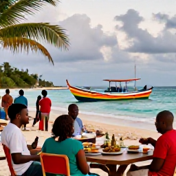 Caribbean Holidays, Barbados Adventure, A friendly Barbados beachside evening with local food, music, colourful fishing boats and visitors enjoying the atmosphere