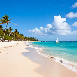 Caribbean Holidays, Barbados Adventure, A sunny Barbados coastline in March with turquoise water, golden sand, palm trees and a small sailing boat near shore