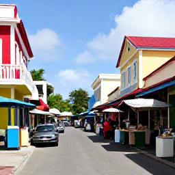 Caribbean Holidays, Barbados Adventure, Colourful Bridgetown street scene with historic buildings, local market stalls and visitors enjoying Barbadian food