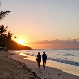 Caribbean Holidays, Barbados Adventure, Couple enjoying a sunset walk along a quiet Barbados beach after an active day of exploring