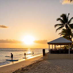 Caribbean Holidays, Barbados Adventure, Golden sunset over a Barbados beach with paddleboarders returning to shore and a relaxed beachfront restaurant