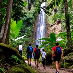 Caribbean Holidays, Barbados Adventure, Hikers walking through lush tropical woodland and beside a waterfall in the interior of Barbados